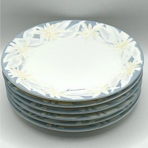 Set of 6 Kansai Japan Small Dessert White Plates Blue Rim & Yellow/White Flowers